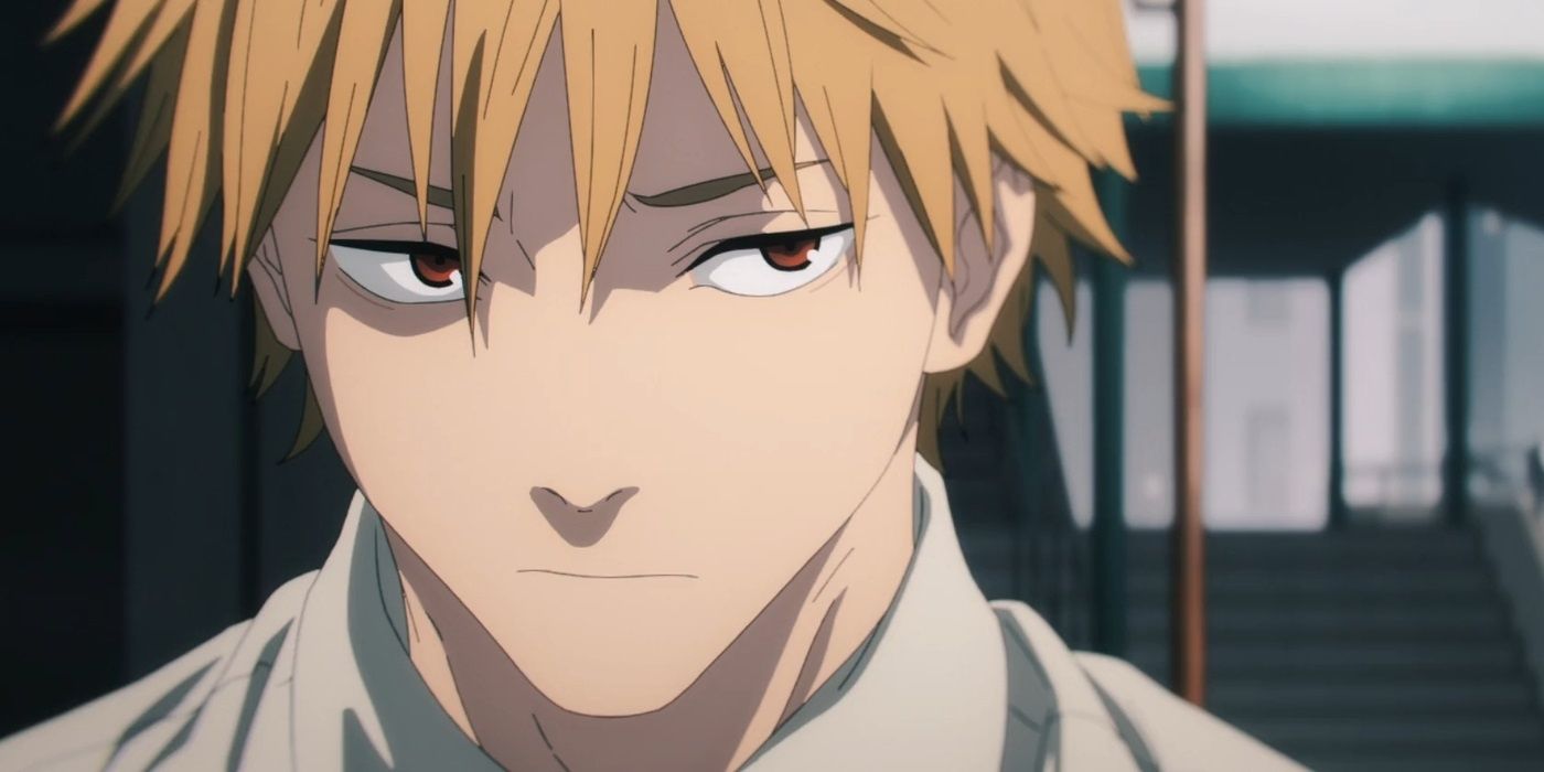 A close-up of Denji's face from the Chainsaw Man anime.