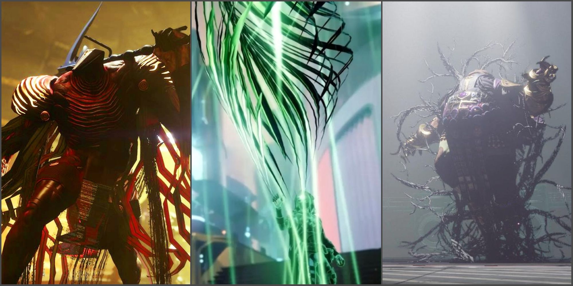 Destiny 2 Lightfall: A close-up of the Tormentor enemy, a Hunter accepting Strand, and Calus' death