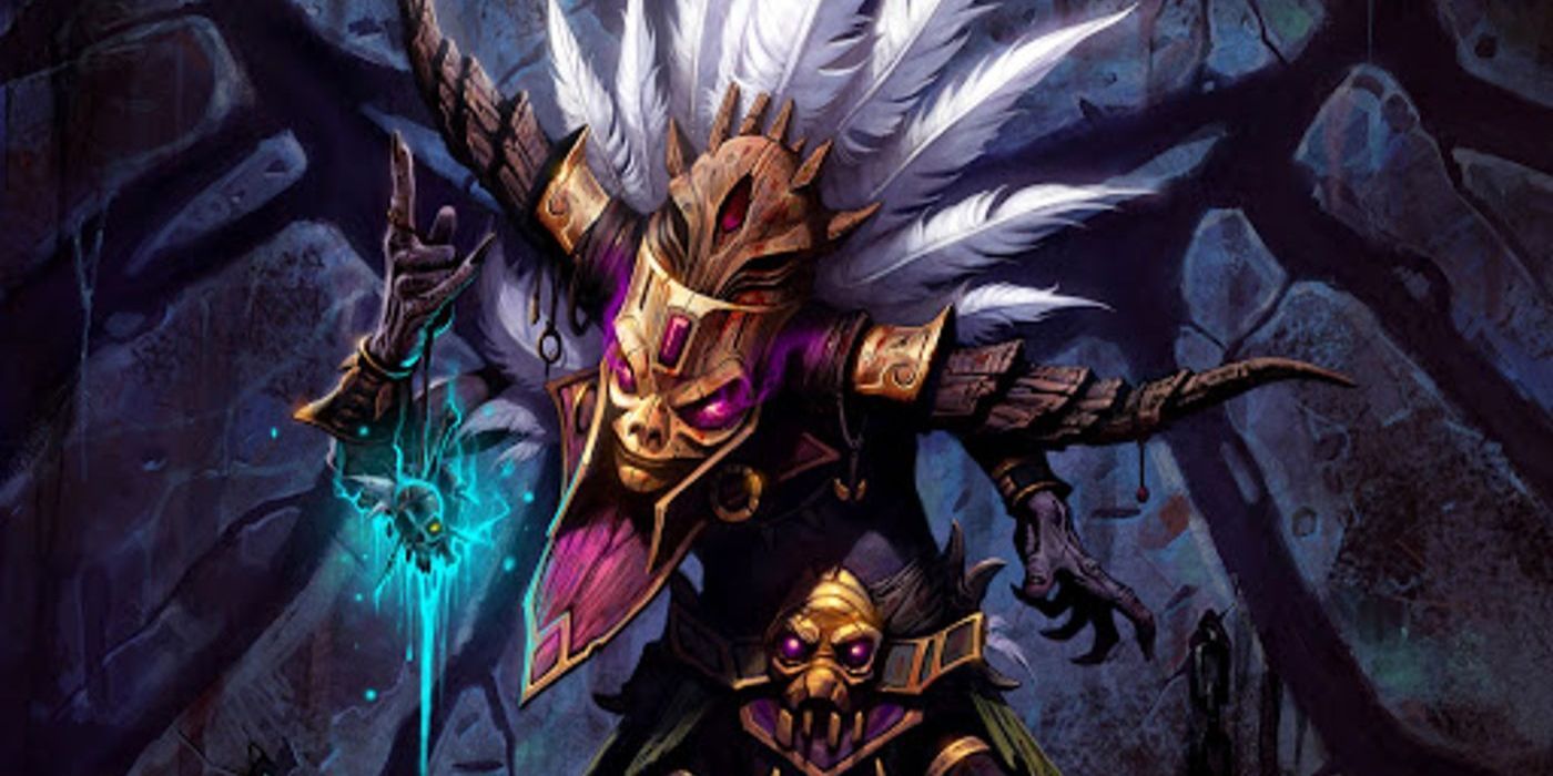 A Witch Doctor character in Diablo 3 with a stone background.