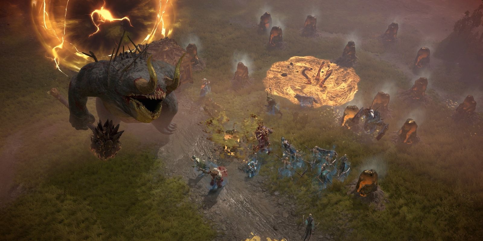 Diablo 4 gameplay showing a large treasure beast and a group of armed fighters