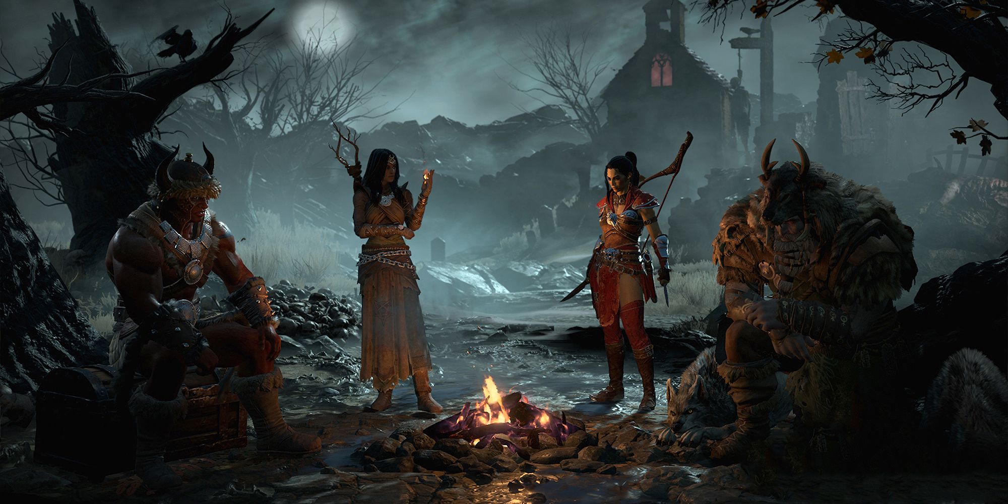 Membres du groupe Diablo IV debout et assis autour d'un feu de camp