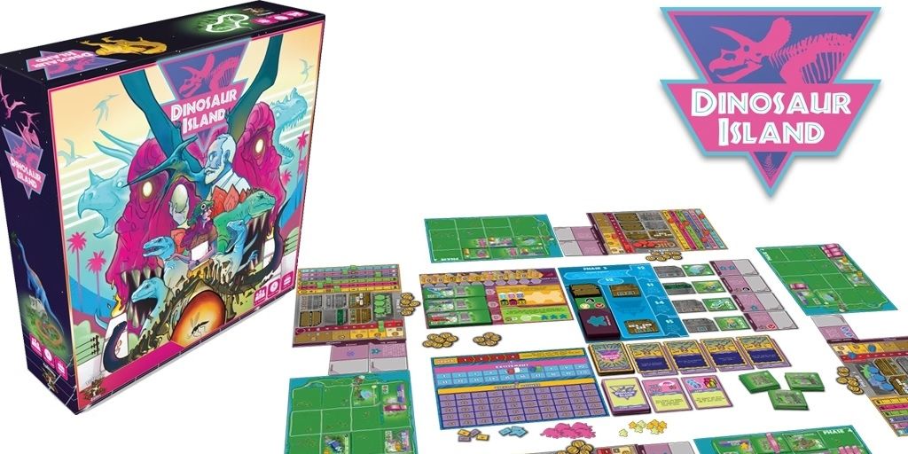 Uma foto do produto do Dinosaur Island Board Game Kickstarter com a caixa e os componentes do jogo.