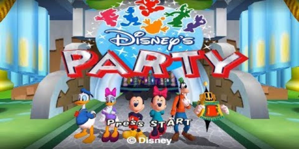 A tela inicial do Disney's Party;  Personagens do Mickey Mouse todos alinhados.