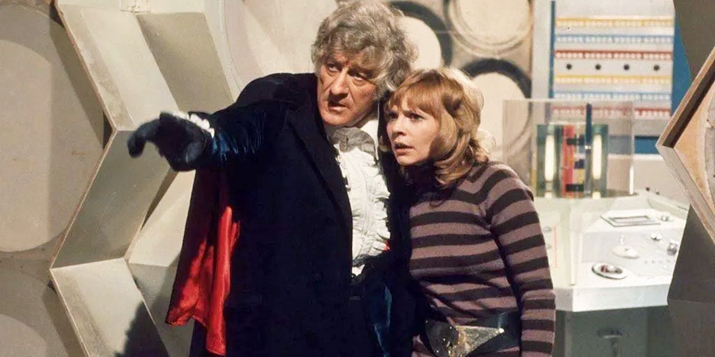 Third Doctor (Jon Pertwee) and companion Jo Grant (Katy Manning) in Doctor Who.