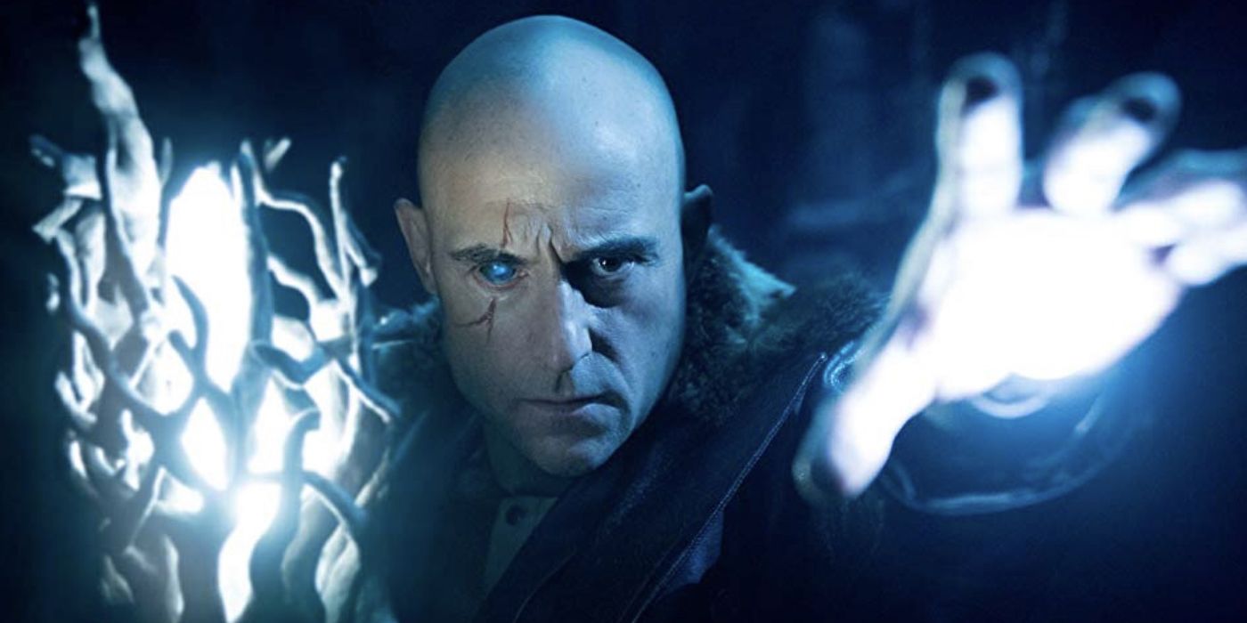 Dr Thaddeus Sivana using magic from the Staff of Gods in the Shazam movie