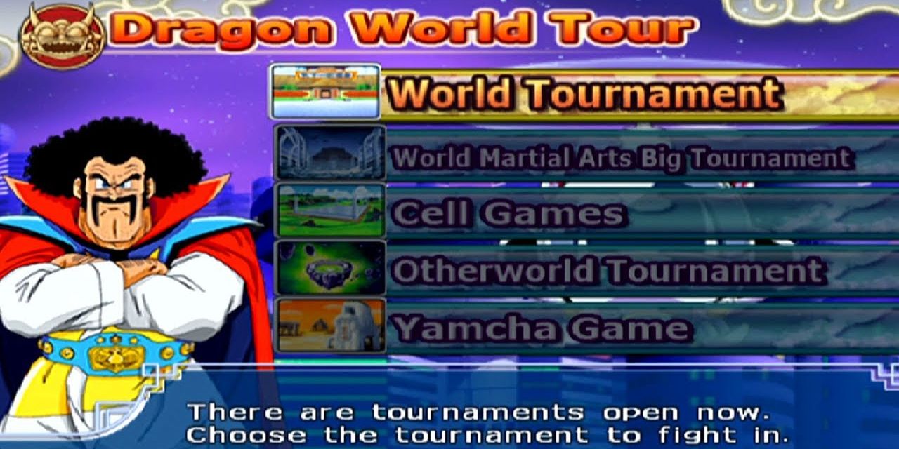 Hercule Satan apresenta o menu Dragon World Tour Mode em Dragon Ball Z: Budokai 3