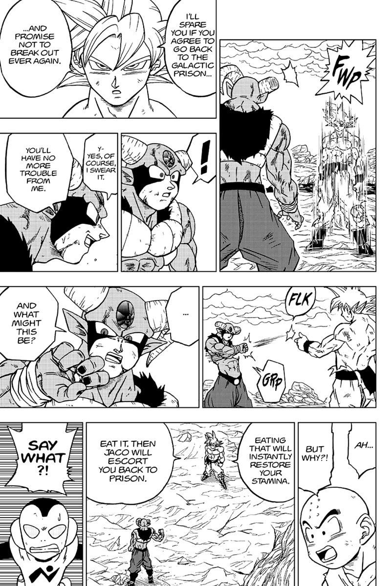 Goku gives Moro a senzu bean in DBS Chapter 65