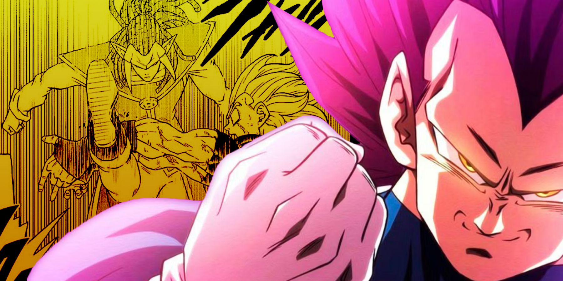 On the right, Ultra Ego form Vegeta holds up his fist. Behind him, a manga illustration shows Gas landing a hard blow on Vegeta.