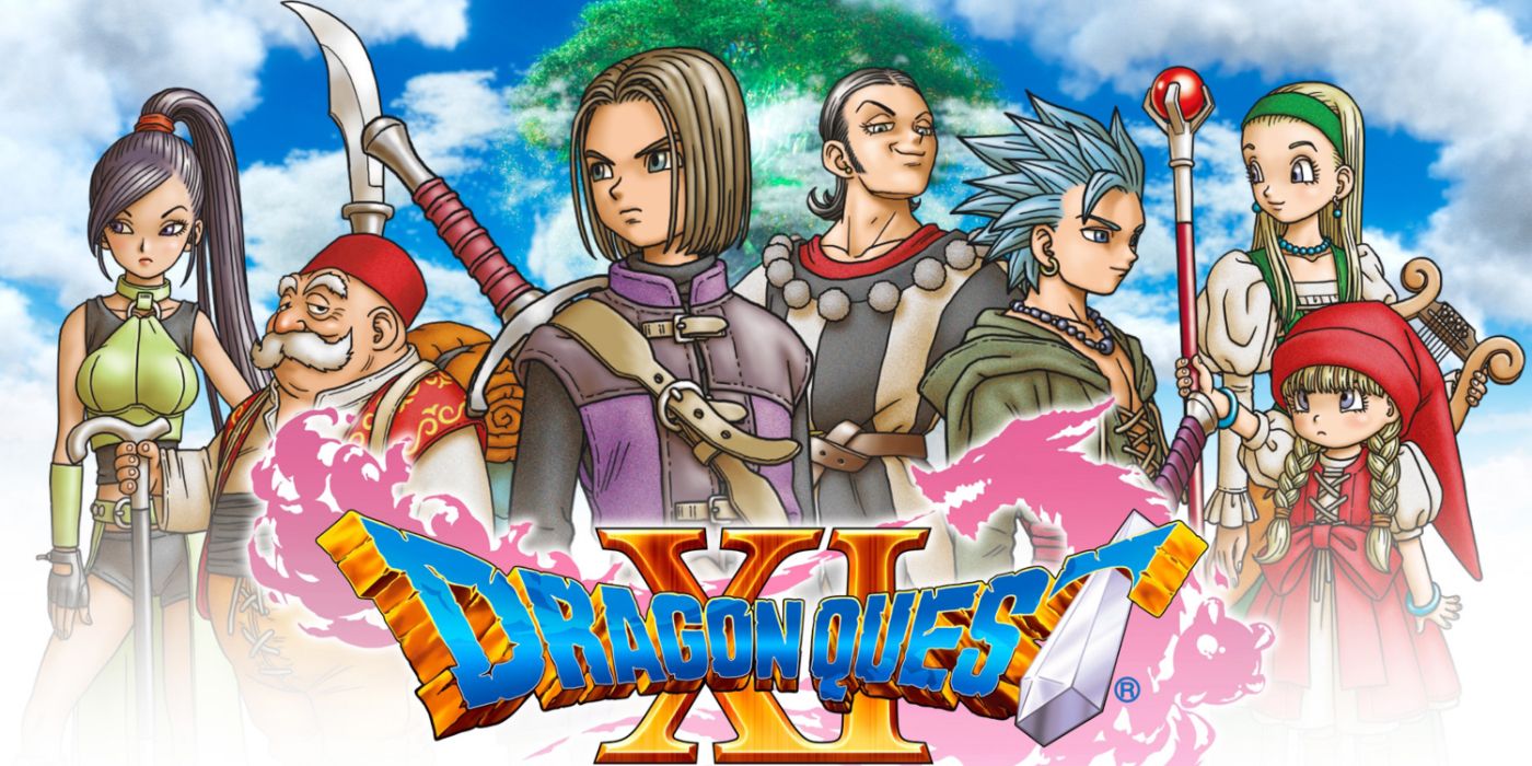 Arte-chave de Dragon Quest XI apresentando o elenco principal de personagens.
