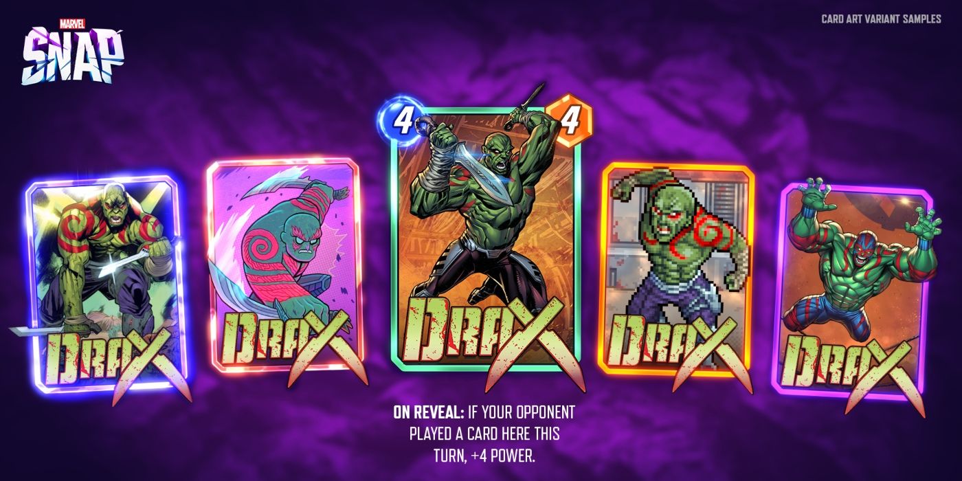 Várias variantes da arte de Drax no Marvel Snap