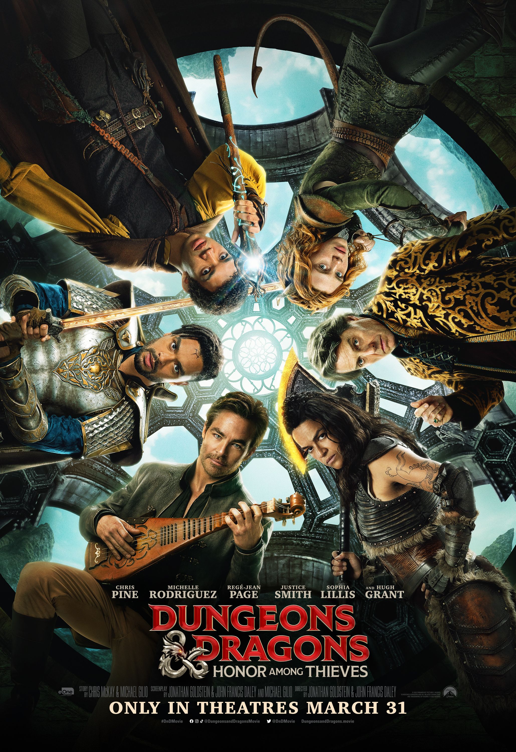  Hugh Grant, Michelle Rodriguez, Chris Pine, Daisy Head, Regé-Jean Page, Sophia Lillis, and Justice Smith in Dungeons & Dragons: Honor Among Thieves (2023)