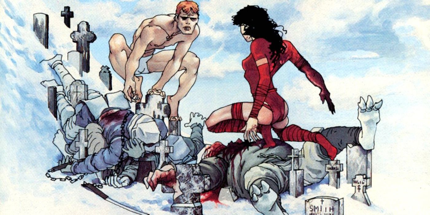 Matt and Elektra standing over the bodies of assassins in Elektra Lives Again.