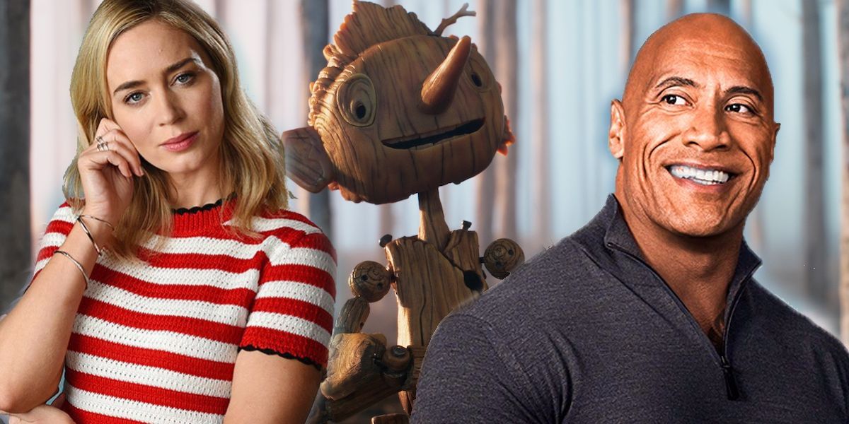 Emily Blunt and Dwayne Johnson alongside a still of Pinocchio from Guillermo del Toro's film of the same name.