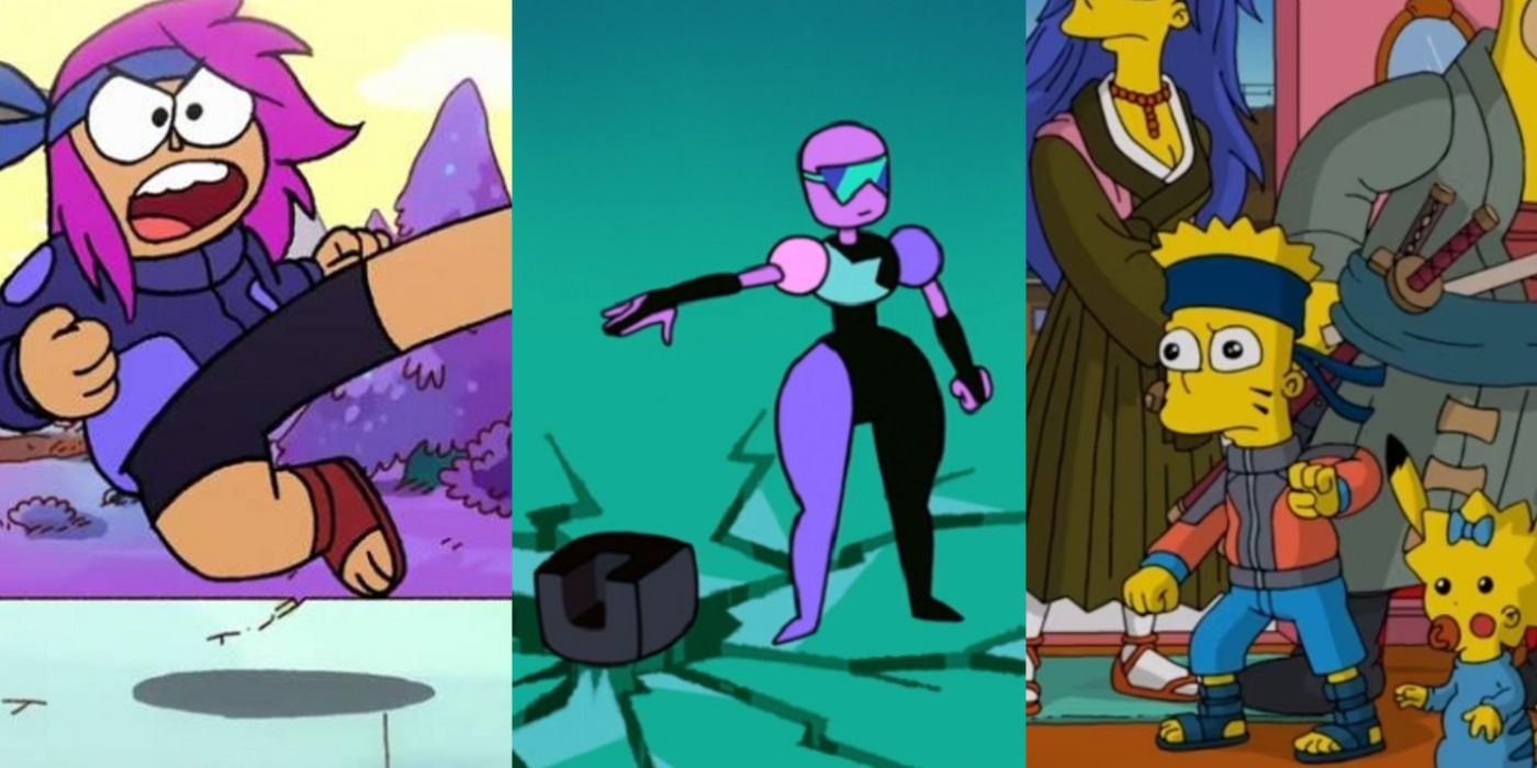 A collage of Enid from OK KO!, Garnet from Steven Universe, and Bart from The Simpsons in battle positions.