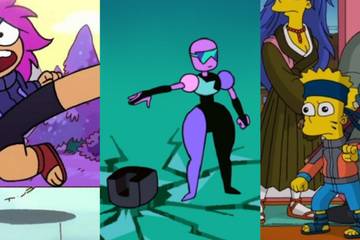 A collage of Enid from OK KO!, Garnet from Steven Universe, and Bart from The Simpsons in battle positions.