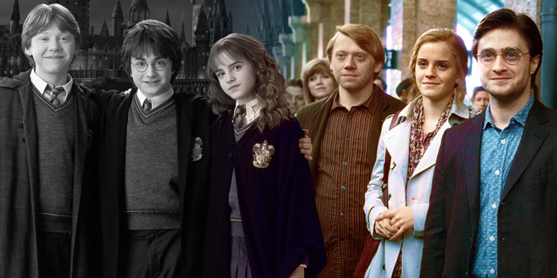 A split image of Harry, Ron, and Hermione young and old from Harry Potter franchise