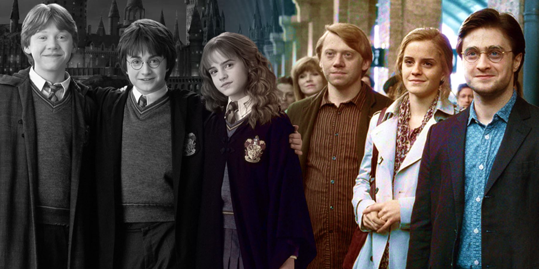 Una imagen dividida de Harry, Ron y Hermione, jóvenes y mayores, de la franquicia de Harry Potter.