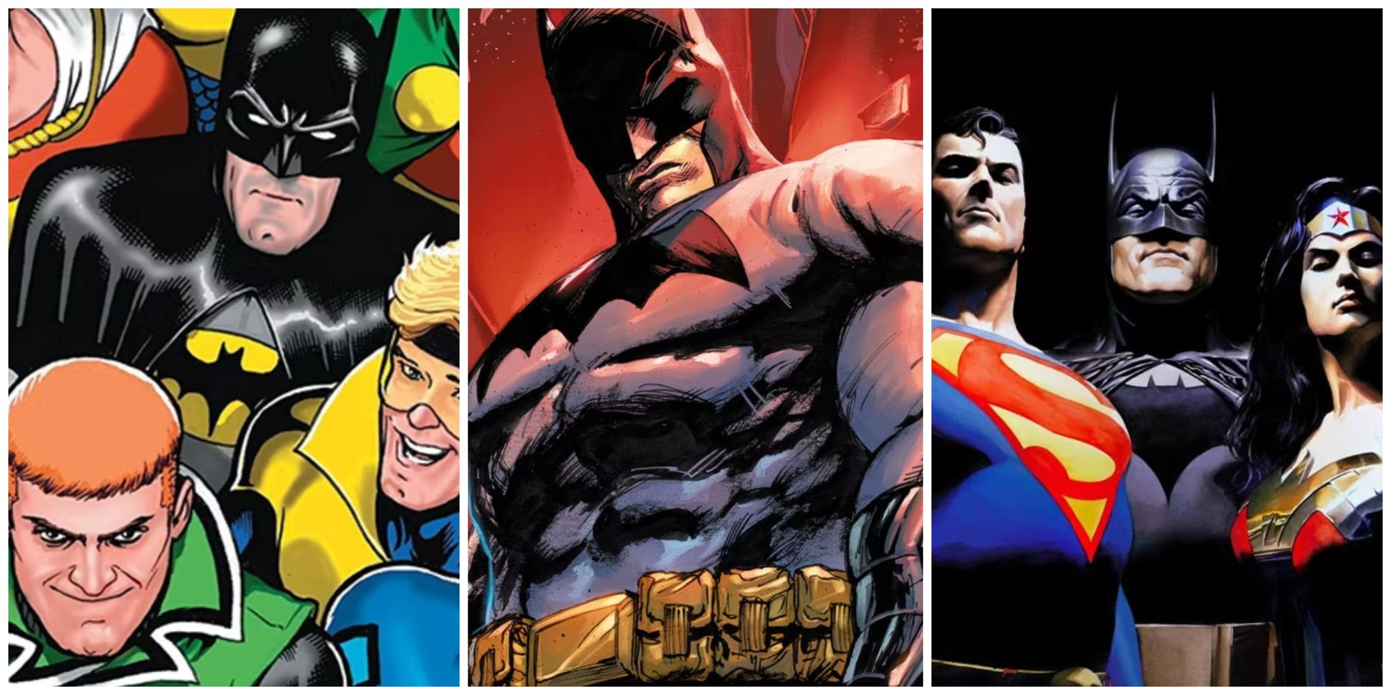 split image of Batman leading the Justice League and International teams with Superman, Wonder Woman, Guy Gardner and Booster Gold