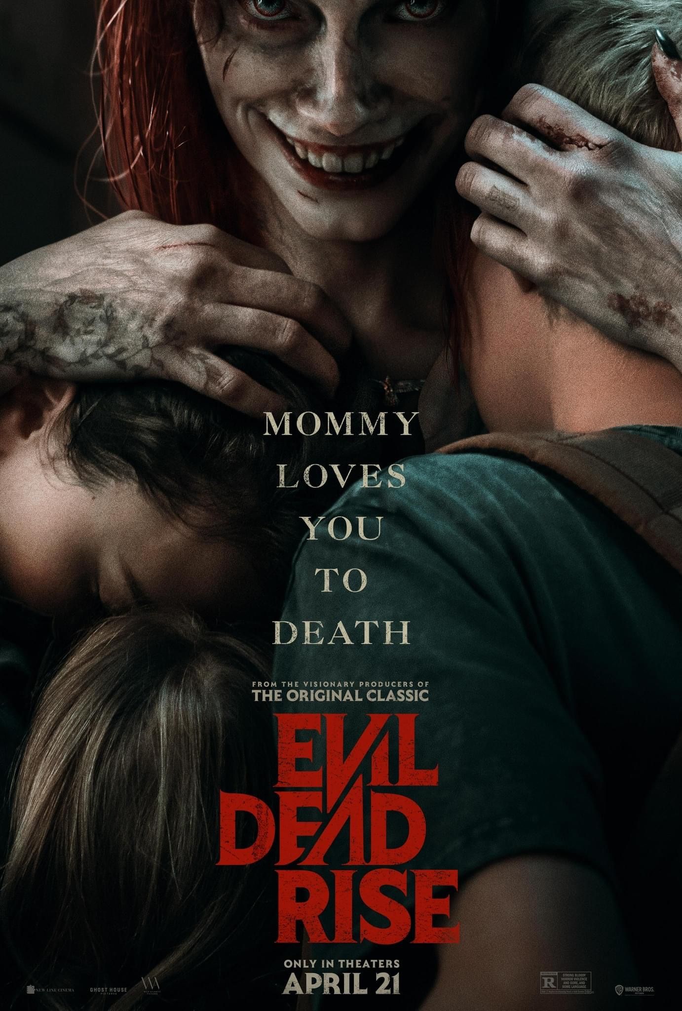 A possessed Ellie hugs her family on the Evil Dead Rise Poster