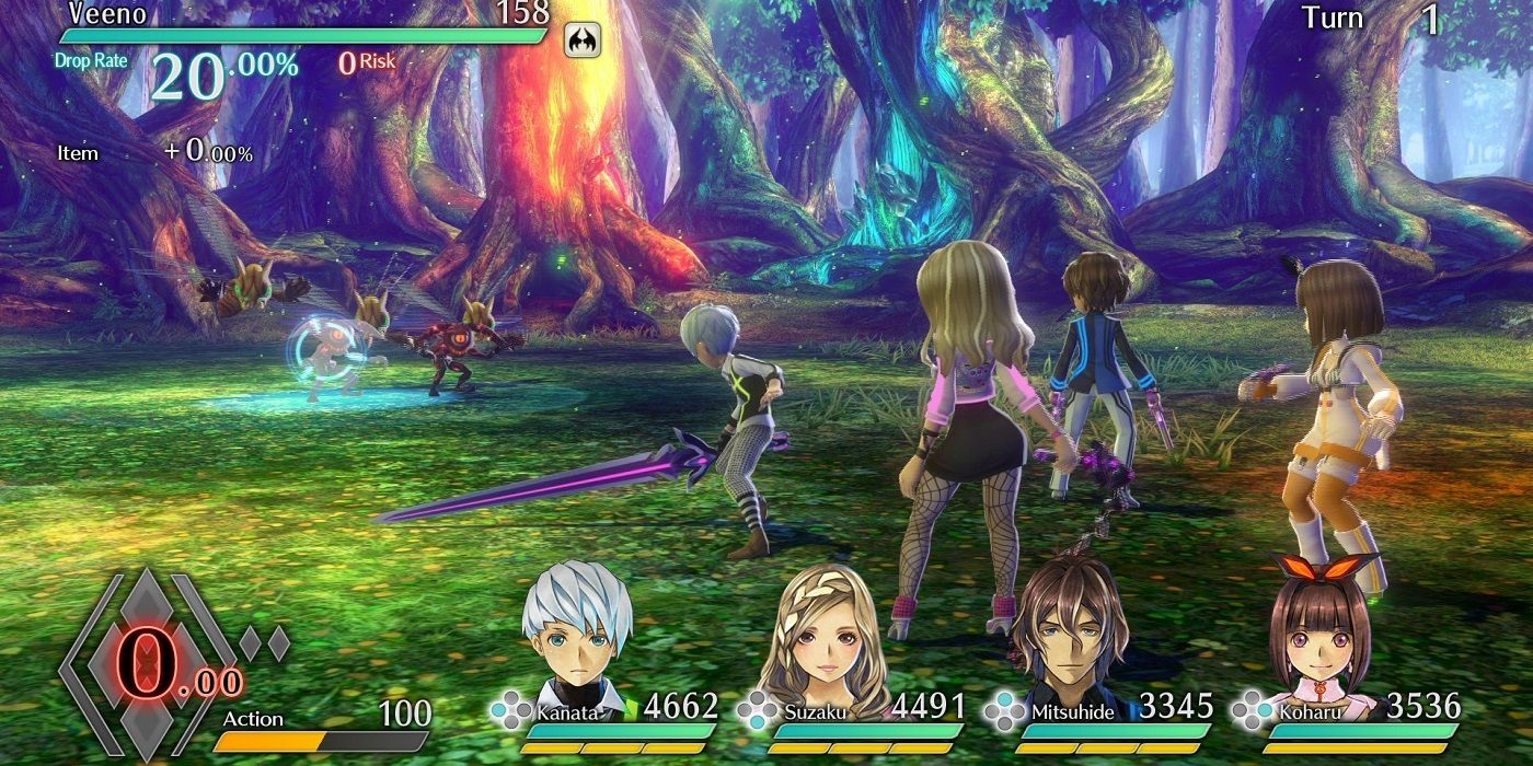 Gameplay from Exist Archive JRPG; players battling in a forest.