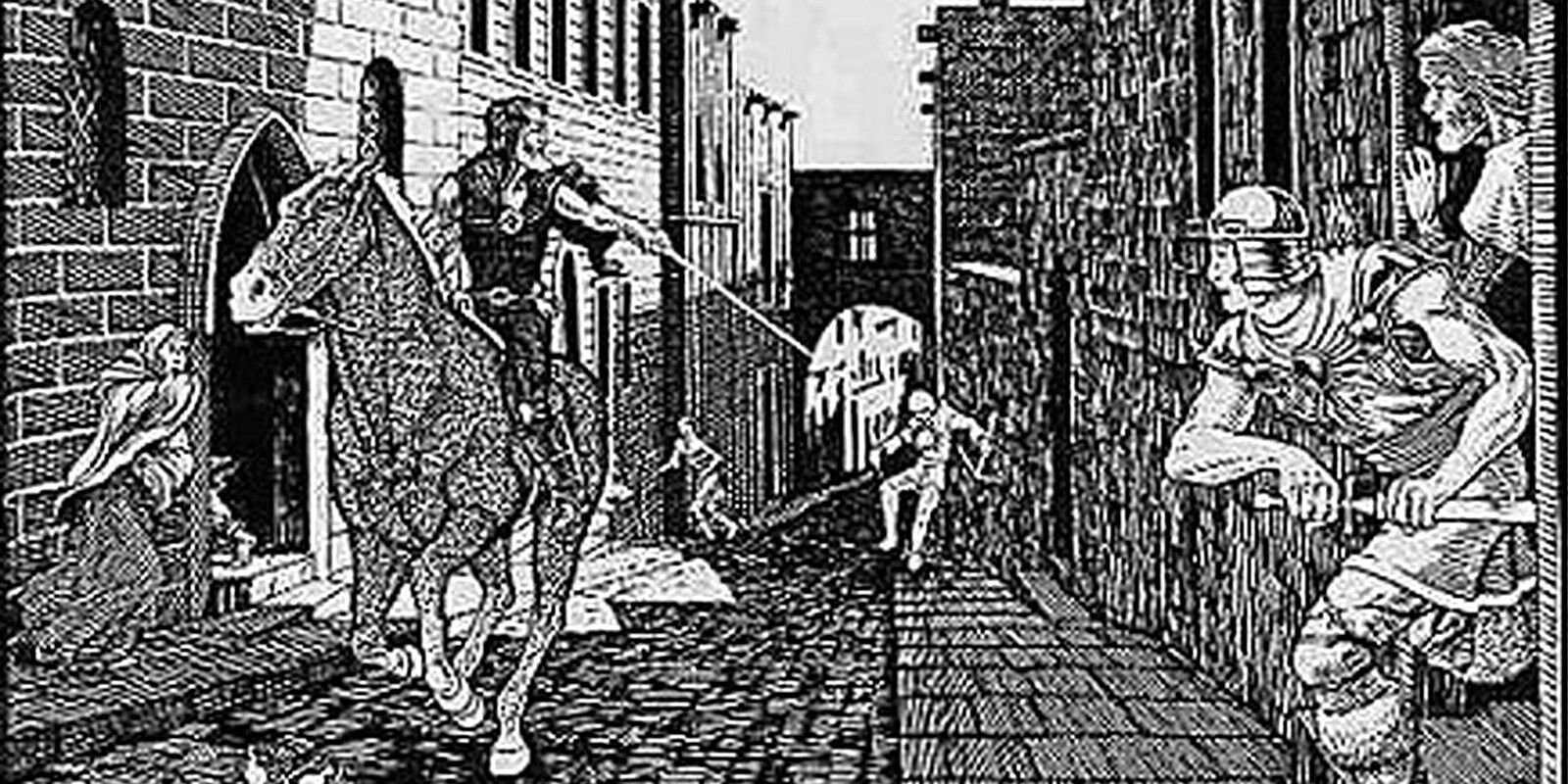 Um cavaleiro cavalga por uma cidade atacada por guardas