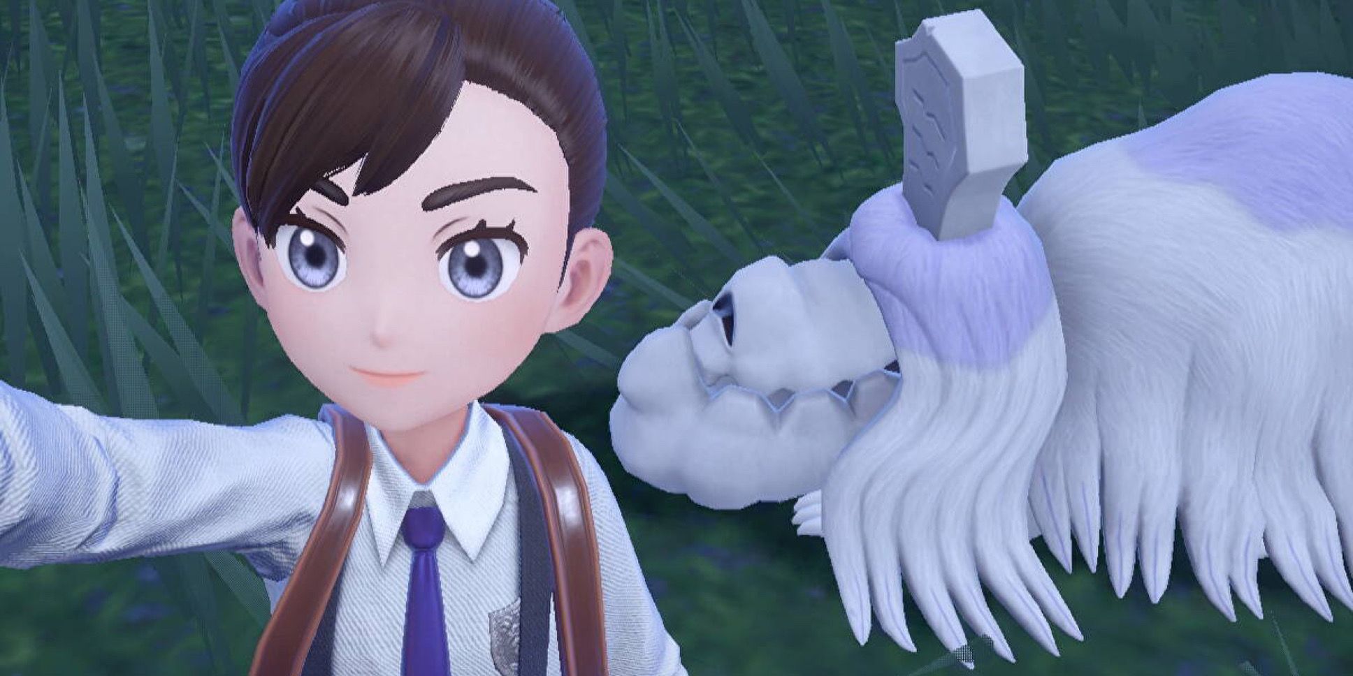 Um treinador tirando uma selfie com Houndstone em Pokémon escarlate e violeta