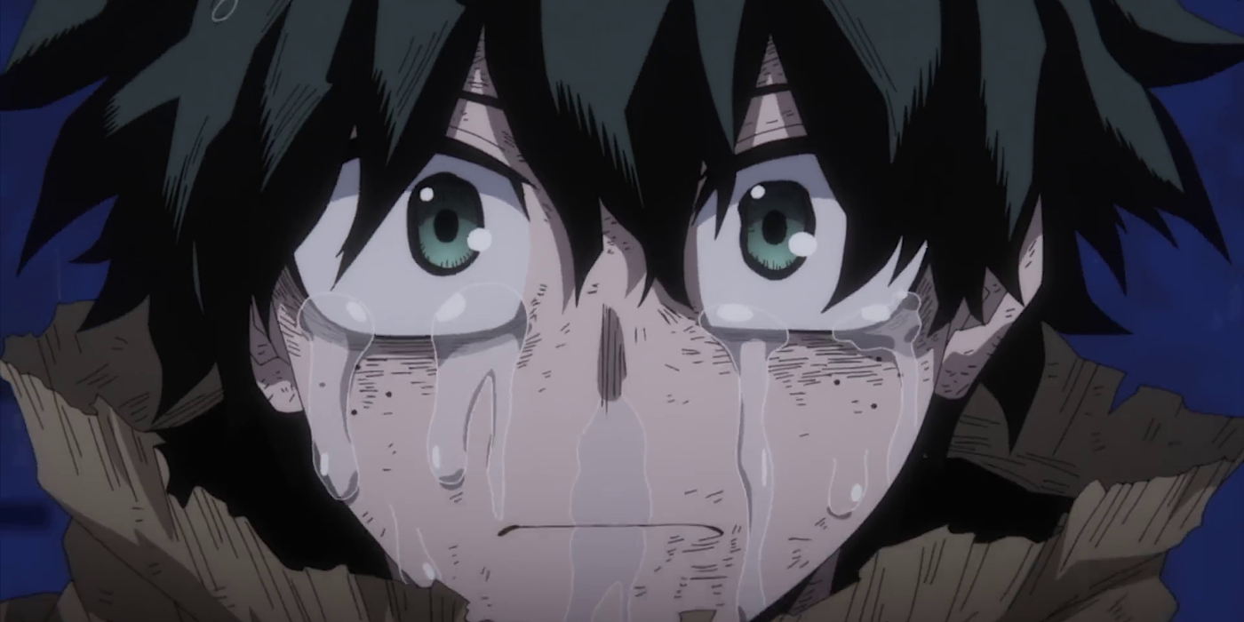 Close up shot of Deku with tears streaming down his face