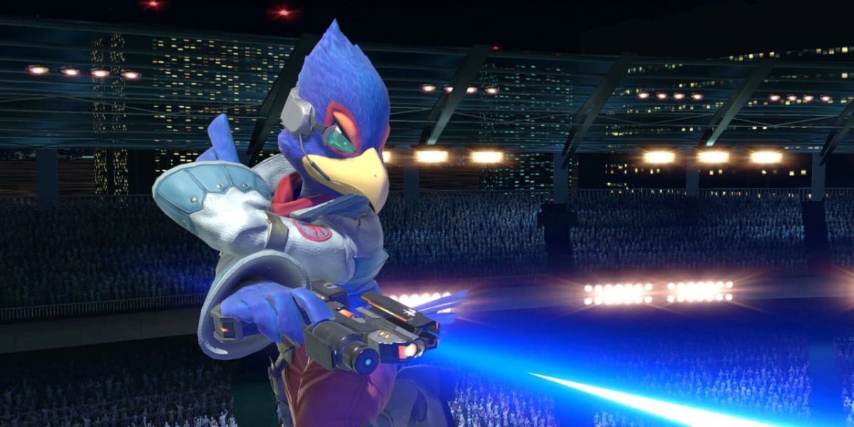 Falco Lombardi usando seu blaster em Super Smash Bros. Ultimate.