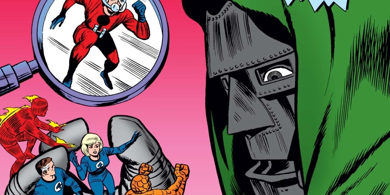 Doctor Doom holds the Fantastic Four in his hand, while Ant-Man is glimpsed through a magnifying glass.