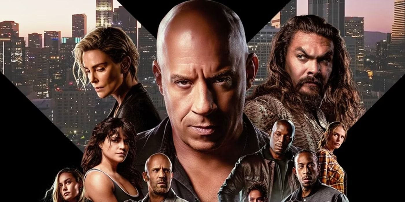 The Fast and Furious 10 cast over a big X containing a cityscape.