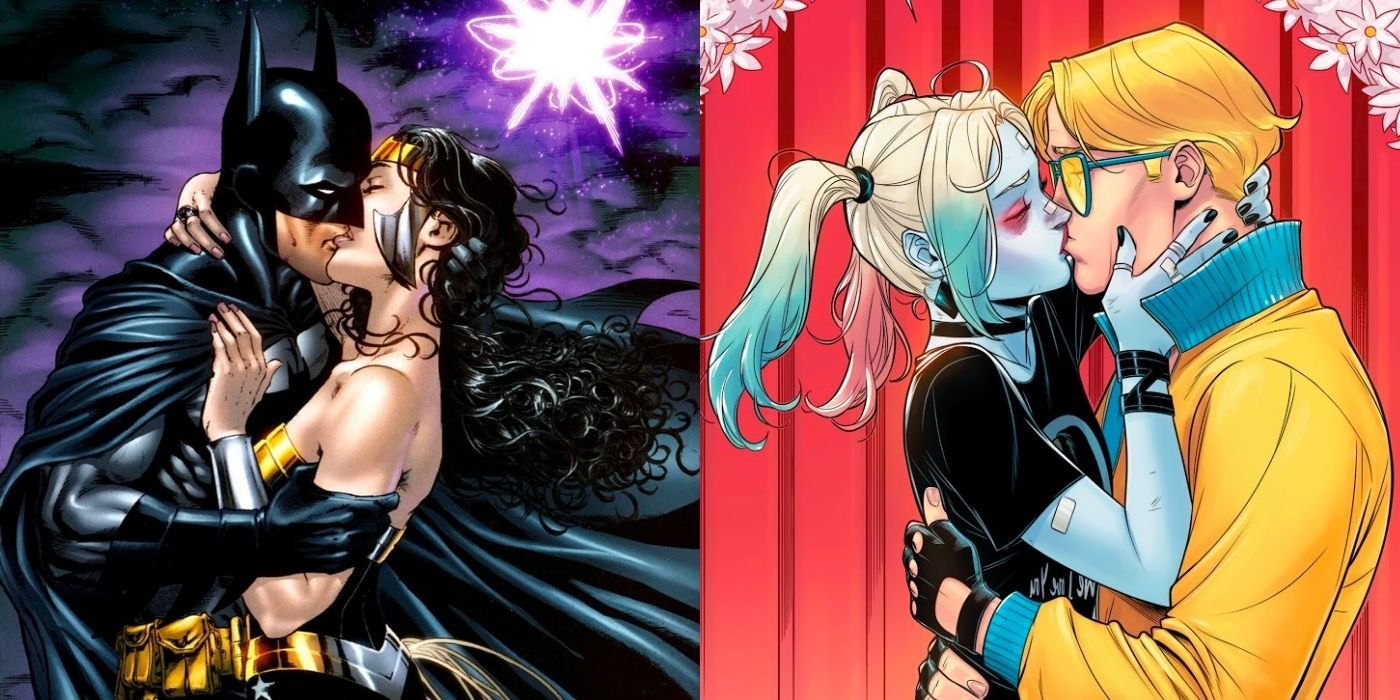 A split image ofBatman kissing Wonder Woman & Booster Gold kissing Harley Quinn in DC Comics