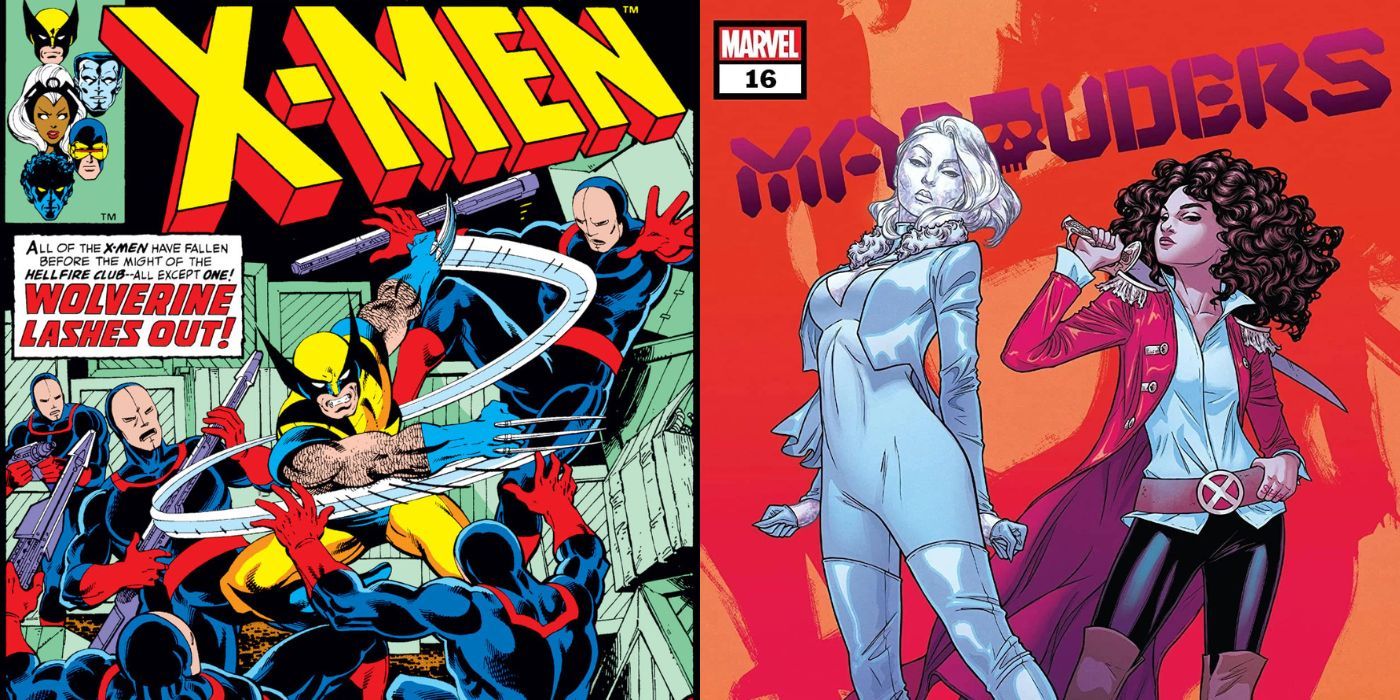 split image of Wolverine vs henchmen and Emma Frost and Kitty Pryde in the Marauders