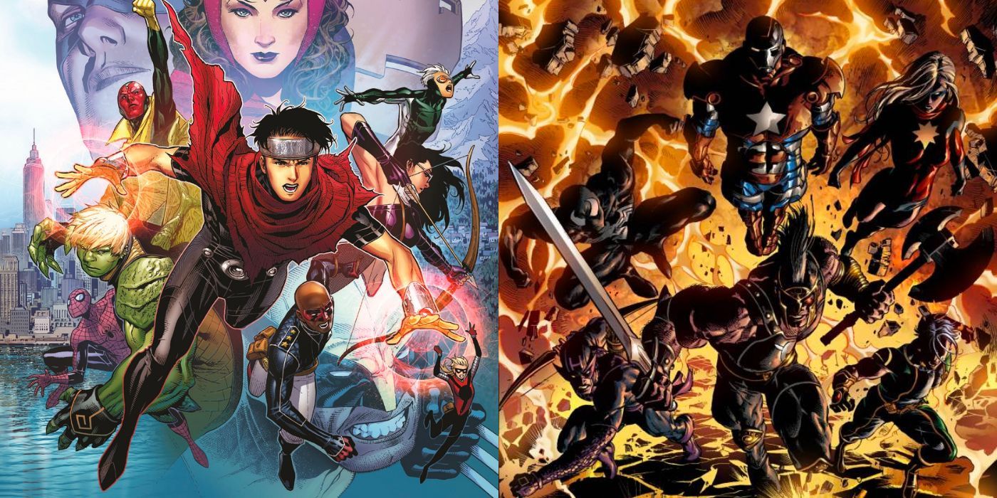 split image of The Avengers overseeing Young Avengers and Iron Patriot leading Dark Avengers