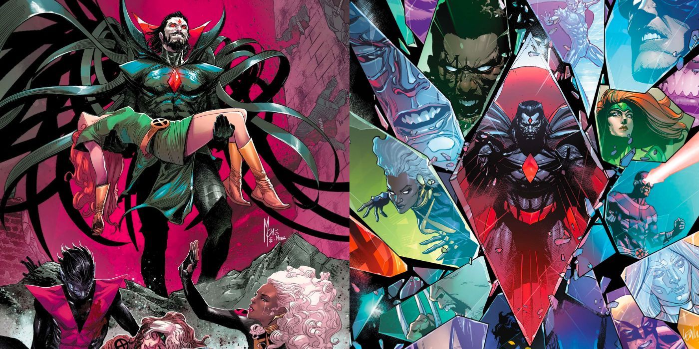 A split image of Mister Sinister carrying Jean Grey and of the cover for Sins of Sinister #1