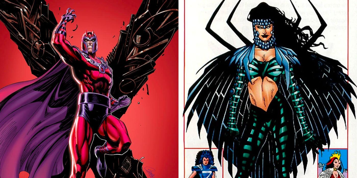 Magneto beside Zala Dane in a split image
