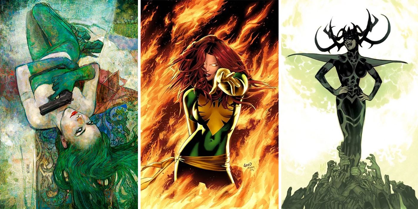 Images of Marvel villains Viper, Phoenix, and Hela side by side