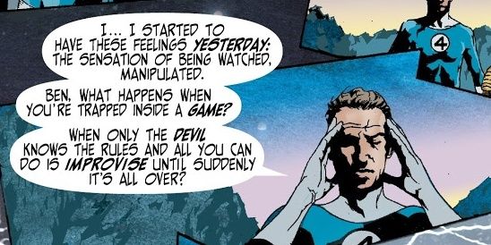 Reed Richards esfrega as têmporas enquanto fala sobre se sentir como se estivesse no jogo do diabo