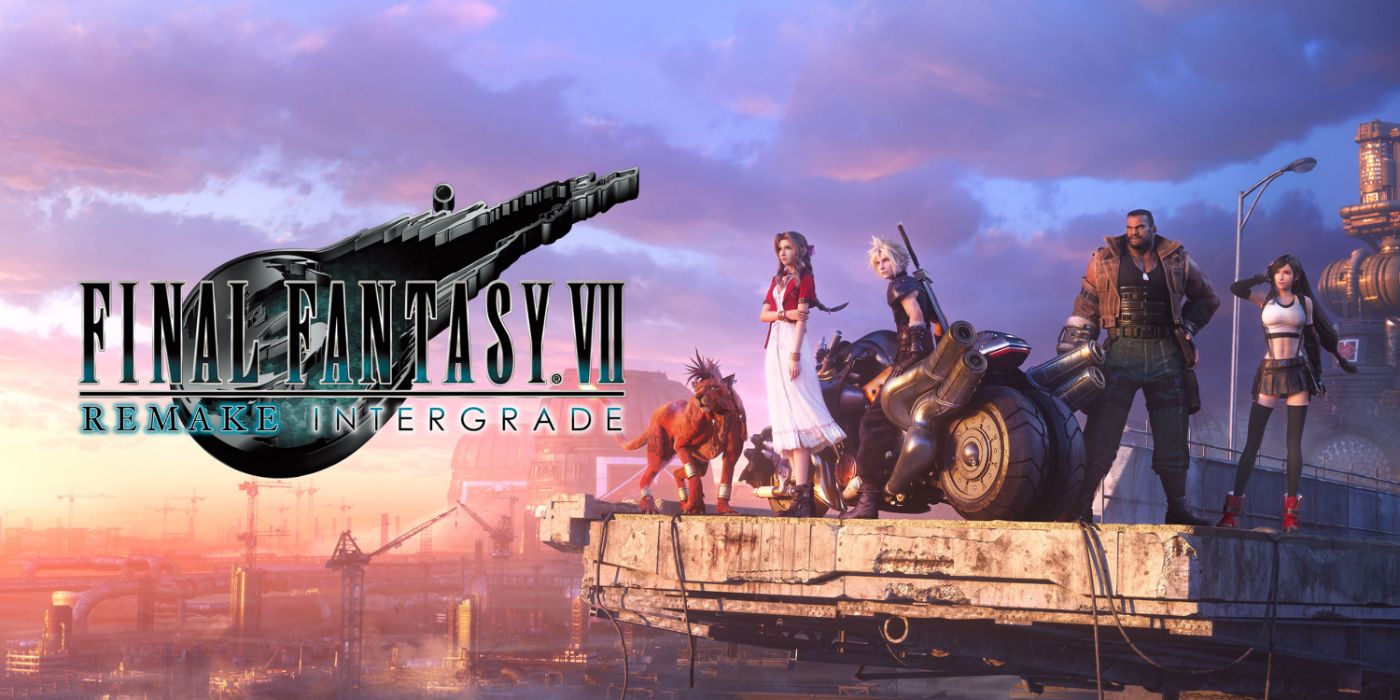 Final Fantasy VII Remake Intergrade key art featuring the cast overlooking Midgar at dawn.