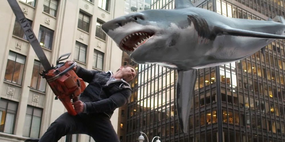 Fin wields his chainsaw in Sharknado 2: The Second One.