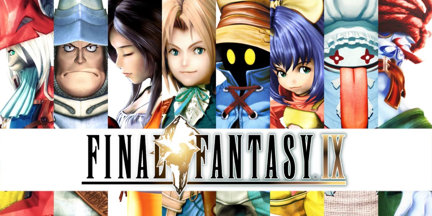 Arte-chave de Final Fantasy IX apresentando o elenco principal de personagens.