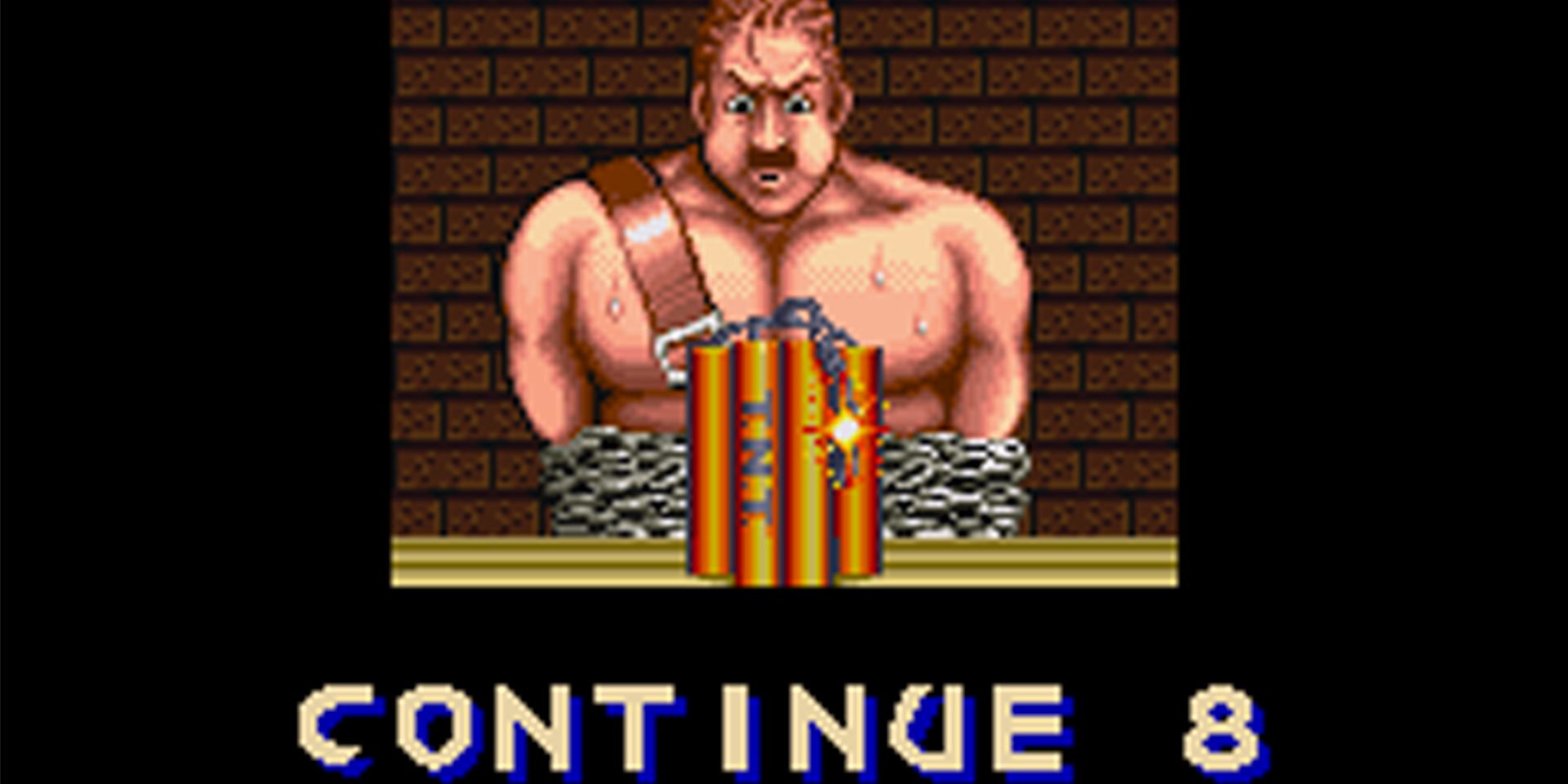 Mike Haggar tries to blow out the fuse in the dynamite.