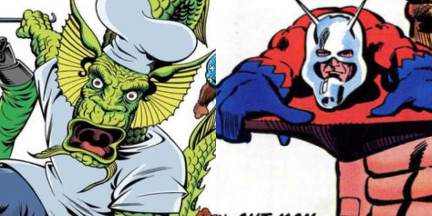 A split image of Fin Fang Foom and Ant-Man in Marvel Comics