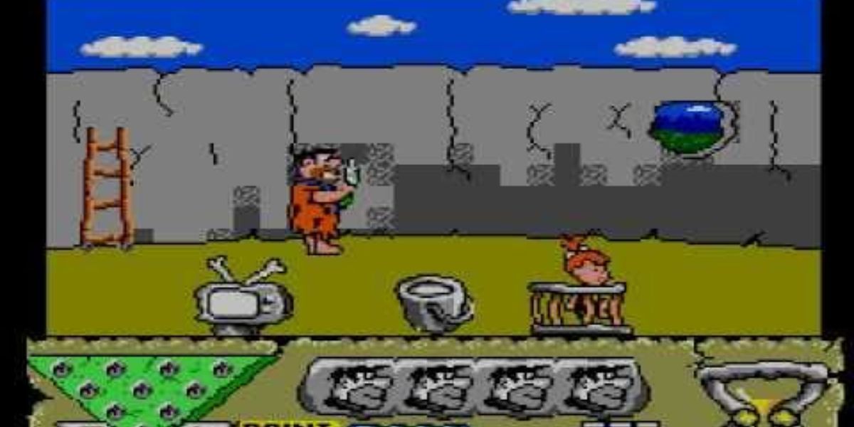 Fred Flintstone tentando pintar sua casa no videogame The Flintsones.