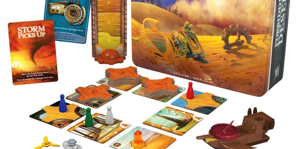 Peças e arte de caixa do Forbidden Desert Board Game.