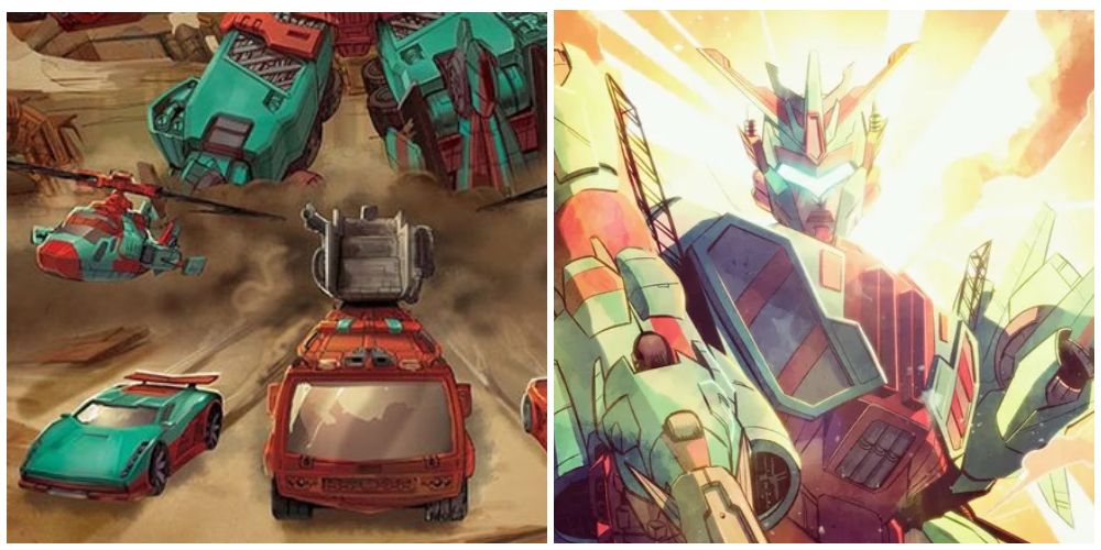 Uma imagem dividida de G1 Victorion nos quadrinhos dos Transformers.