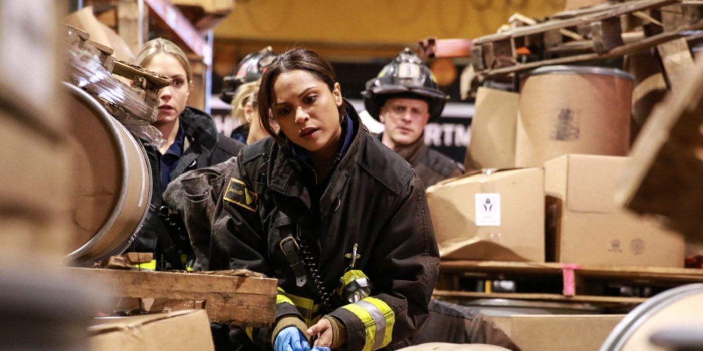 Gabby Dawson rescuing a patient from rubble with Tara Little behind her in Chicago Fire