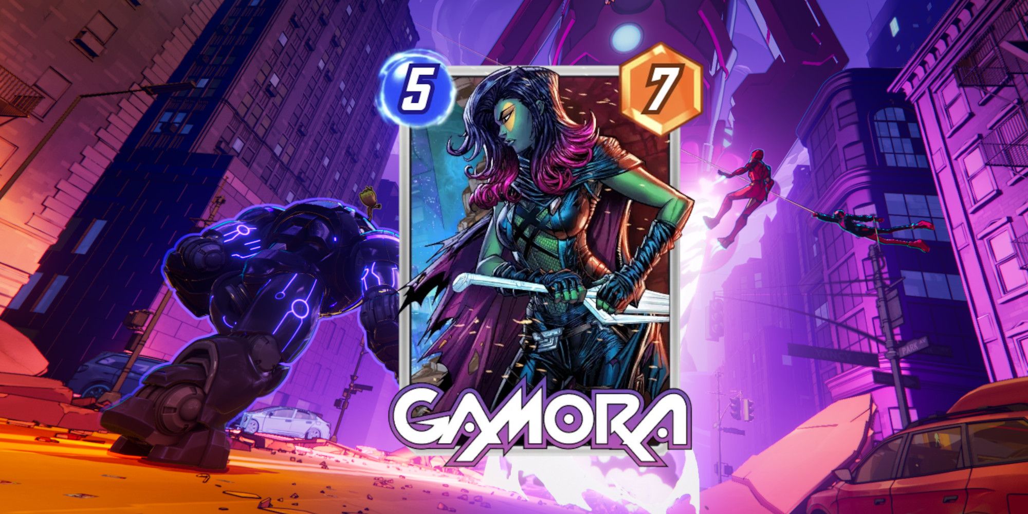 Cartão Gamora em Marvel Snap em cima de imagens promocionais.