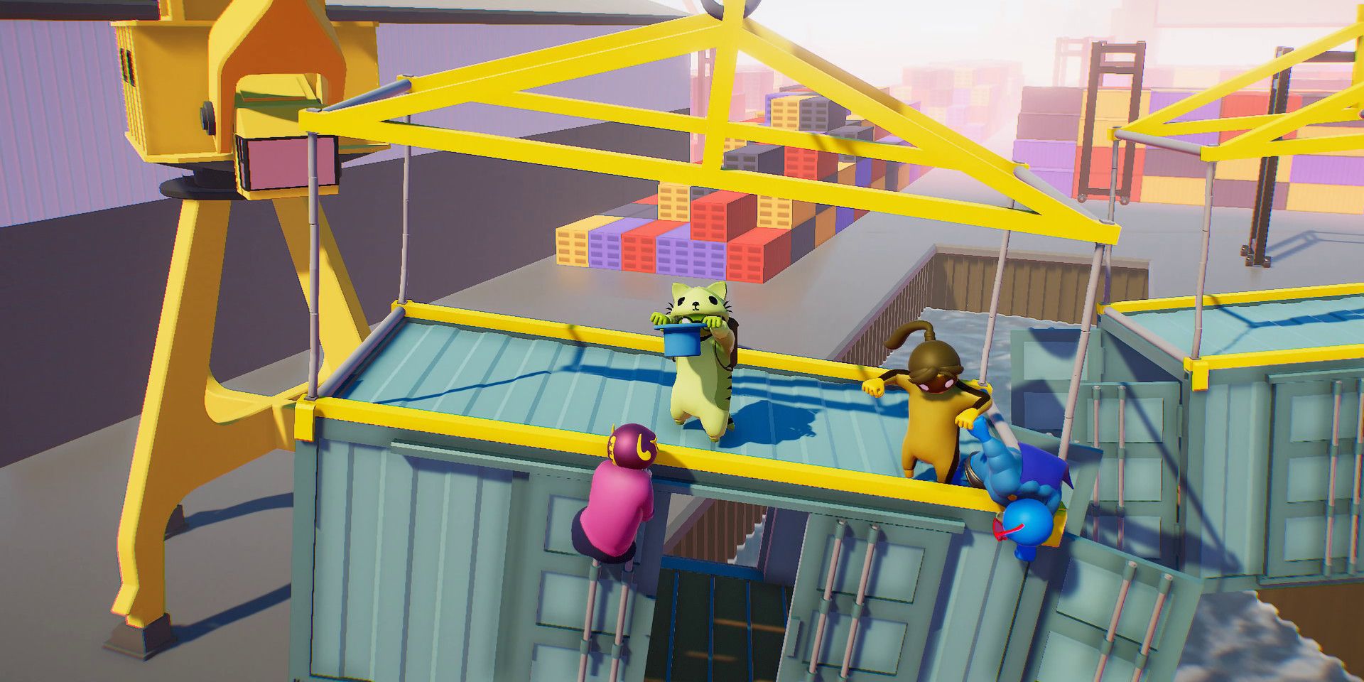 Quatro jogadores tentam ficar em uma plataforma suspensa em Gang Beasts