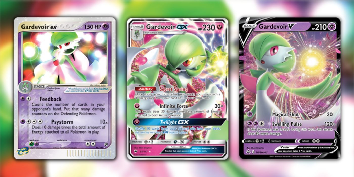 3 Gardevoir Pokémon TCG cards from over the years: Gardevoir-ex, Gardevoir-GX, and Gardevoir-V