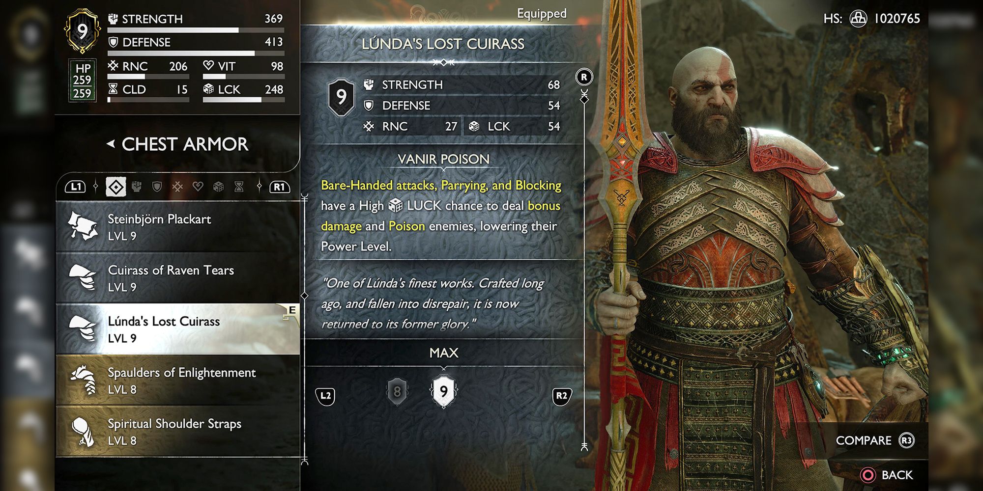 Tela de atualização de equipamentos de God of War Ragnarök